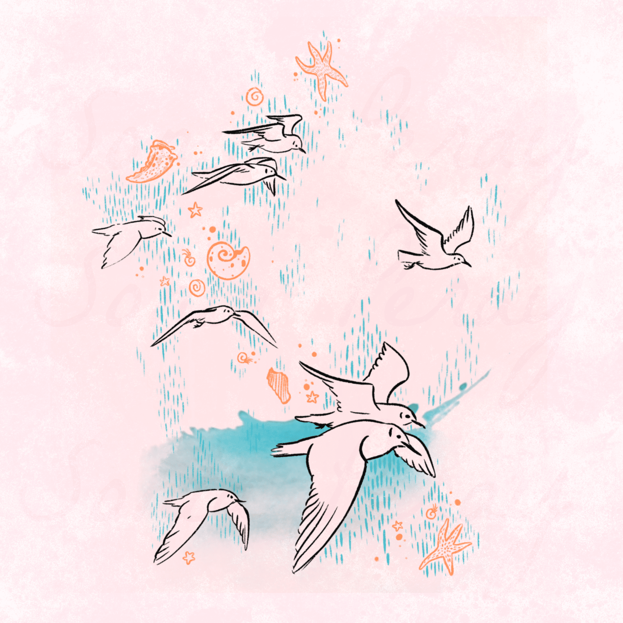 flash tattoo couleur projet pièce de dos avec mouettes, coquillages, aquarelle